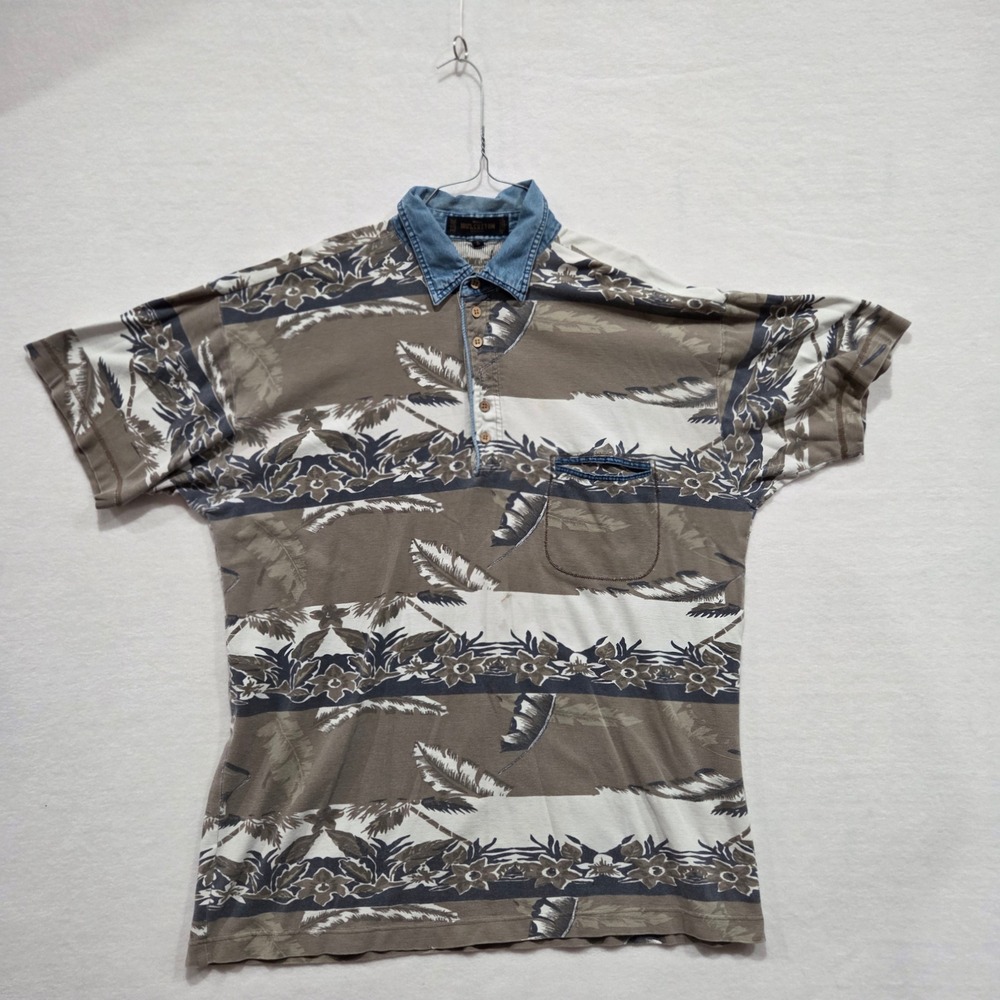 Vintage 2XL Tropical Floral Stripe Polo Shirt Denim Collar 90s 100% Cotton Olive